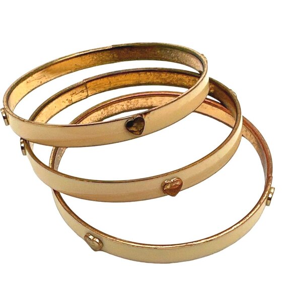 Vintage Classic Triple Enamel Bangle Bracelets Cream Gold Heart Accents Mod - Picture 2 of 4